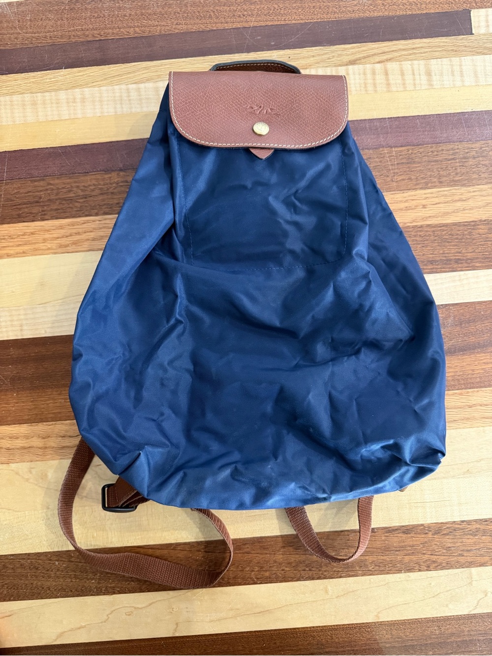 Longchamp Navy Blue Nylon Backpack with Brown Leather Flap Classic